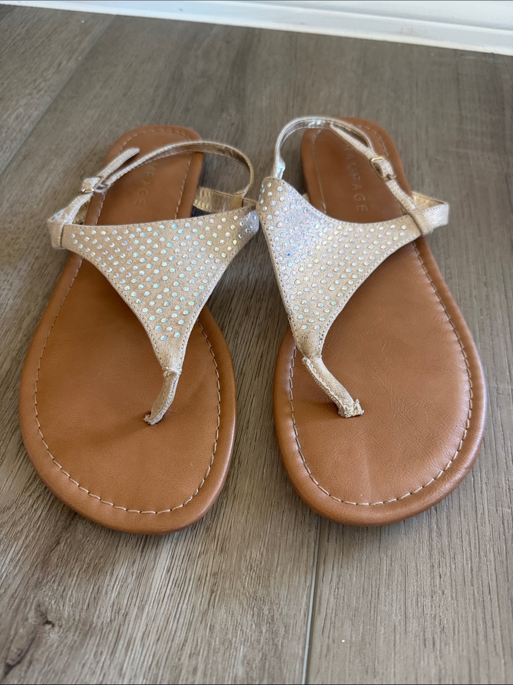 Rampage Champagne Rhinestone T-Strap Sandals